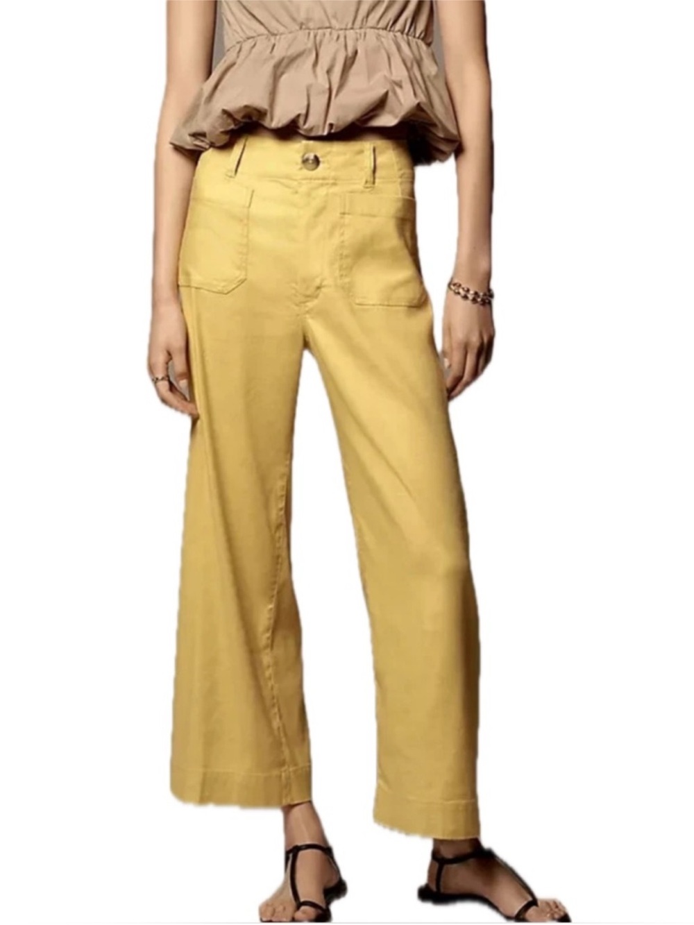 Anthropologie Maeve The Colette Cropped Linen Wide Leg Pants Yellow Size 28